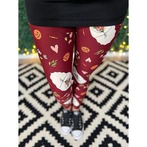 NWT LuLaRoe OS Leggings Burgundy Ghost Pumpkin Floral Halloween Print Size 2-10
